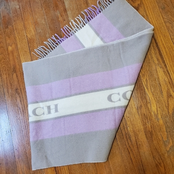 Coach Varsity Stripe Grey/Violet Orchid Large Scarf/ Wrap W/Fringe 100% Wool - Picture 4 of 8
